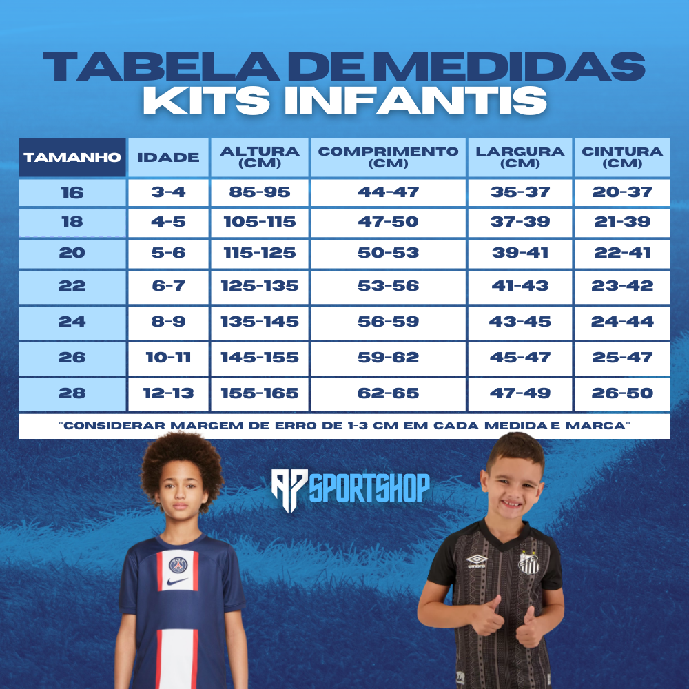 tabela de tamanhos kits infantis